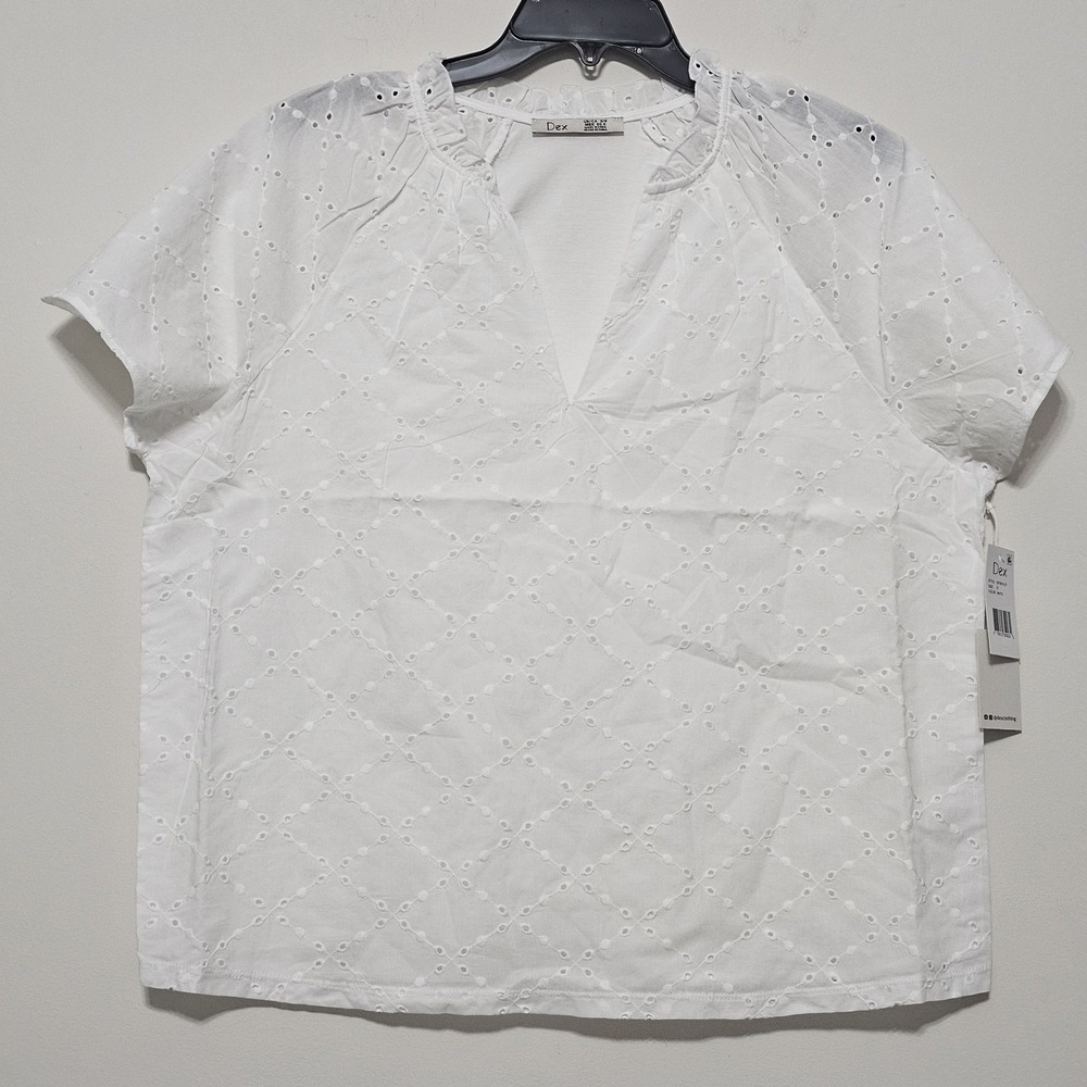 Dex Women Top Blouse White Plus Size X Fit 14/Large Short Sleeves Lace Front 310